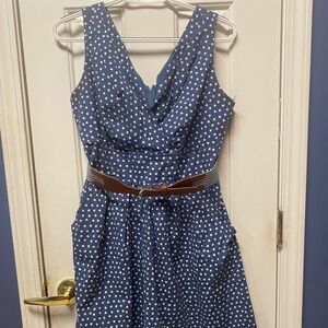 Corey P fit flare polka dot blue white dress w/belt size medium